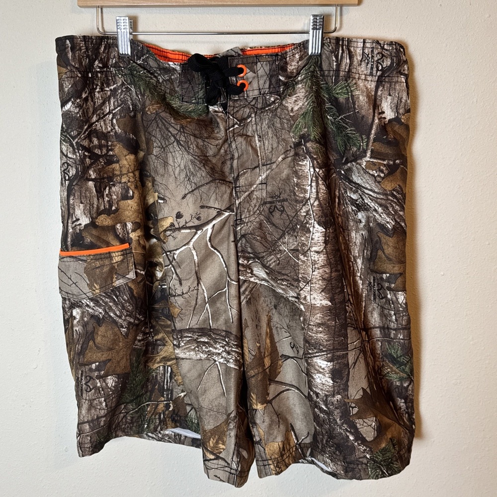 Realtree Camo Shorts XL XG 40-42 Drawstring Elastic Waist Orange Lined